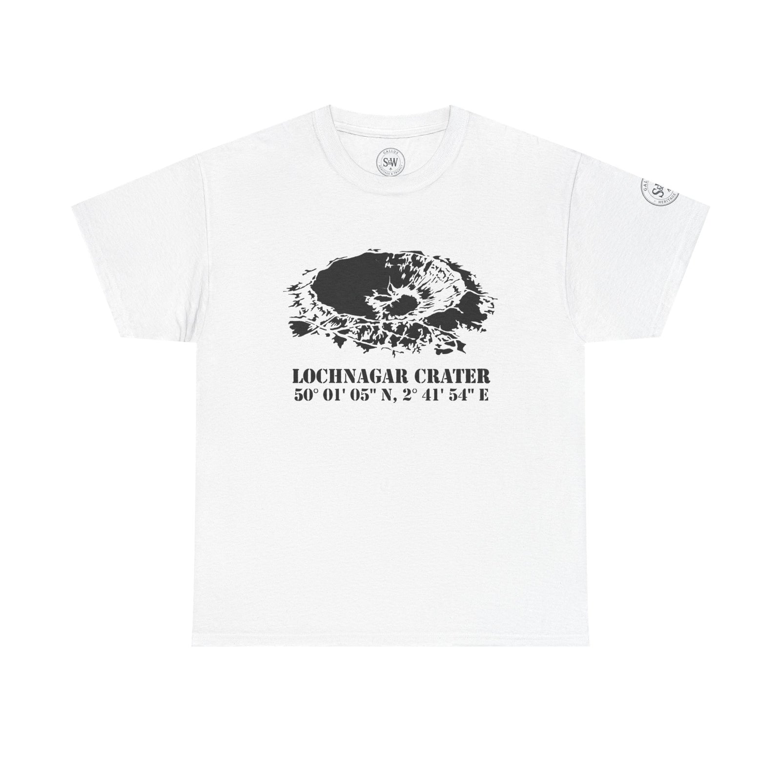 White graphic t-shirt by S&W Gallus featuring the Lochnagar Crater, with dark gray crater illustration and text.