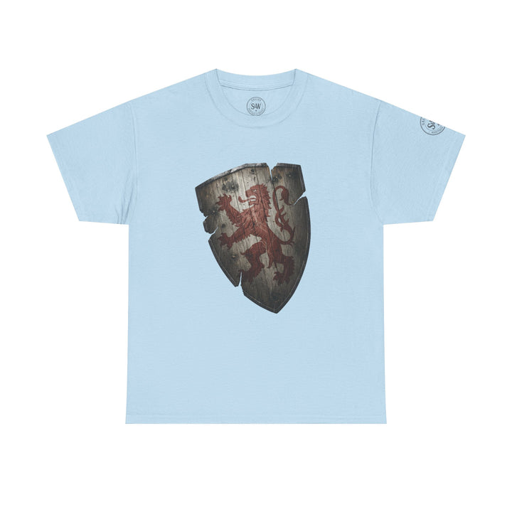 Light blue t-shirt by S&amp;W Gallus, featuring a distressed heraldic shield with a rampant lion.