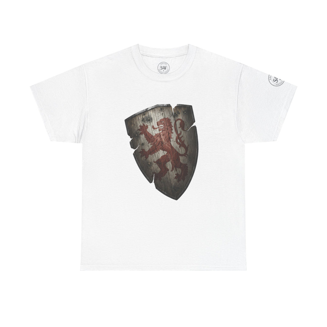 White t-shirt by S&amp;W Gallus, featuring a distressed heraldic shield with a red lion rampant.