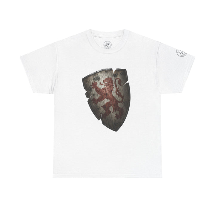White t-shirt by S&amp;W Gallus, featuring a distressed heraldic shield with a red lion rampant.