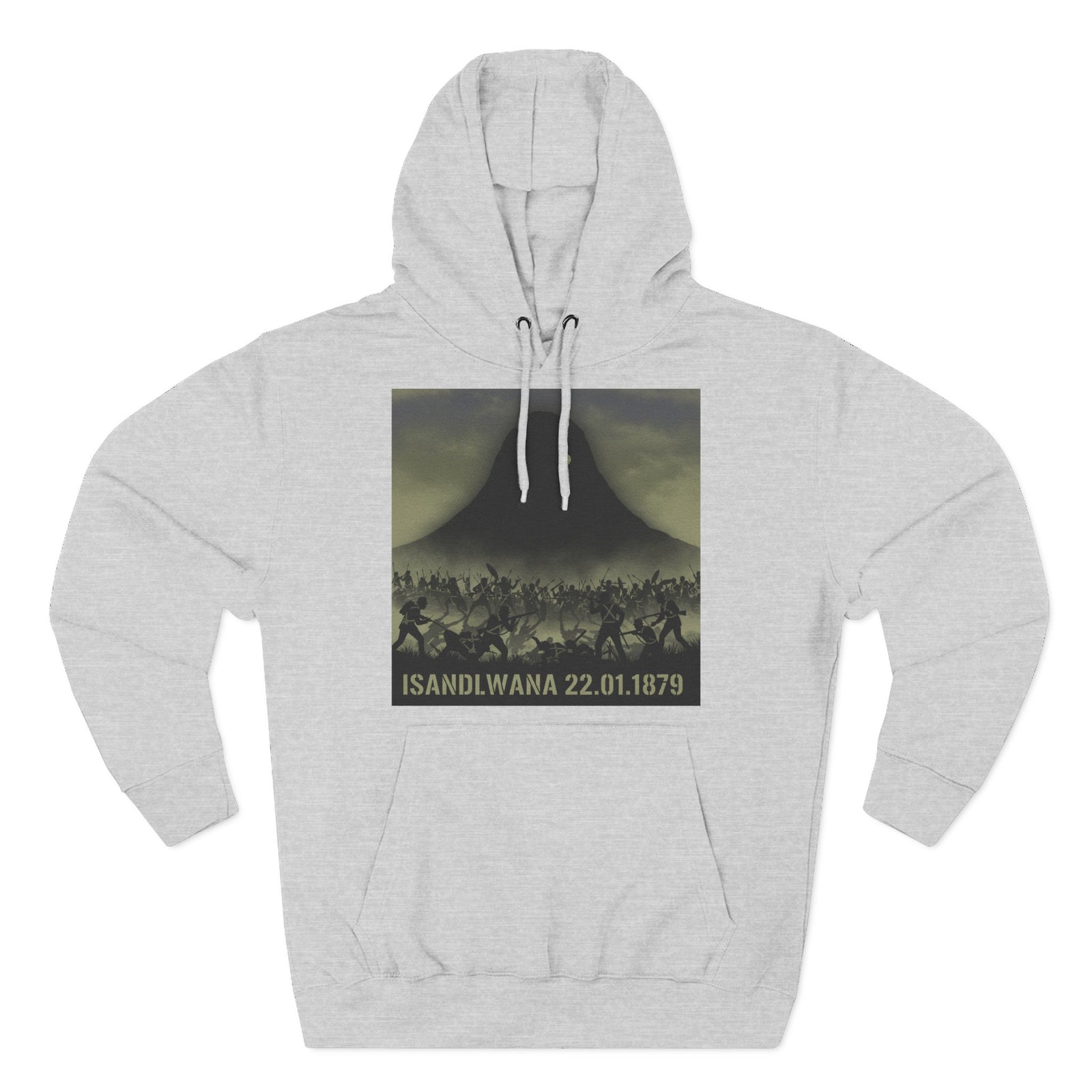 Grey hoodie by S&W Gallus featuring an Isandlwana battle graphic against a mountain backdrop.