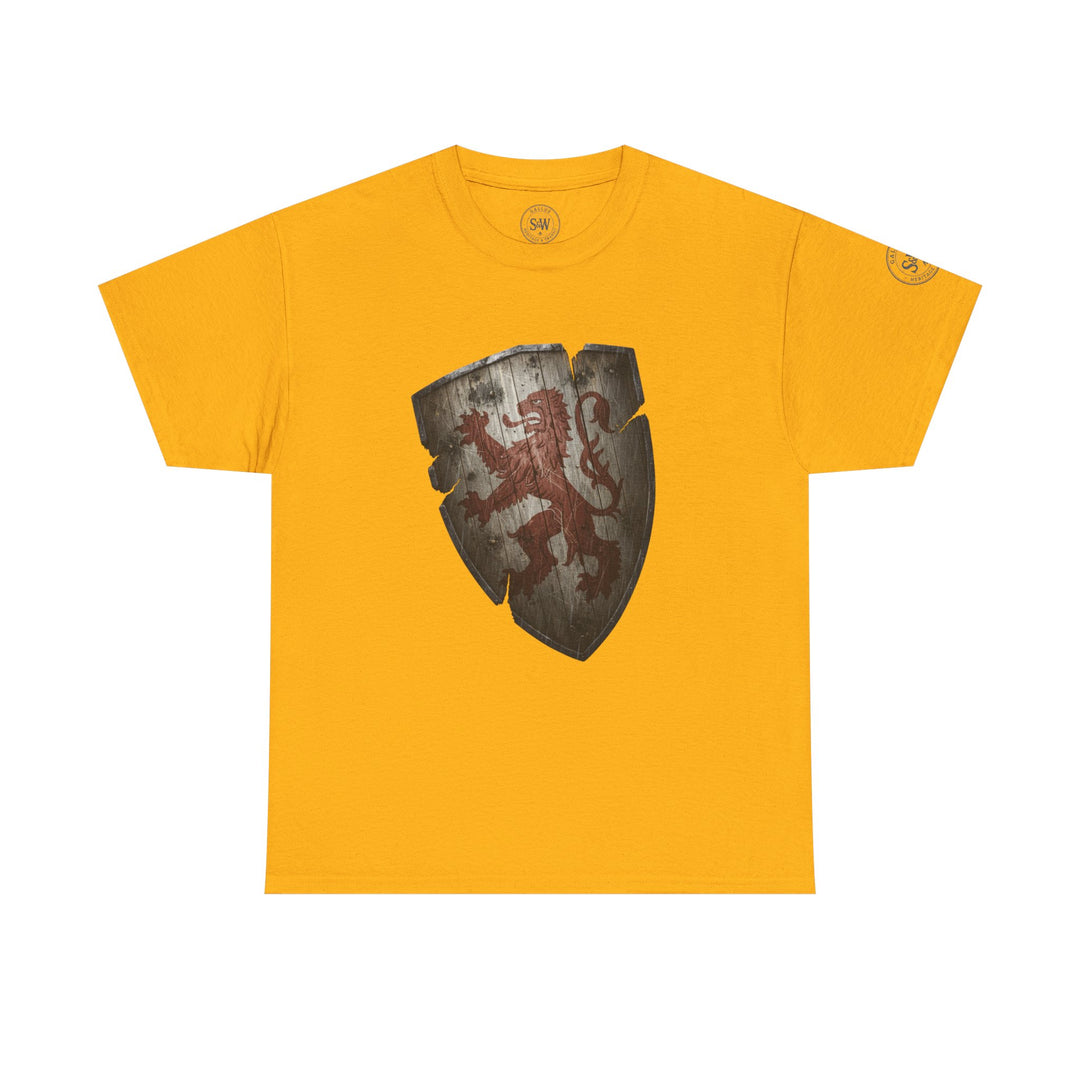 Mustard yellow t-shirt by S&amp;W Gallus with a distressed heraldic lion shield on the front.