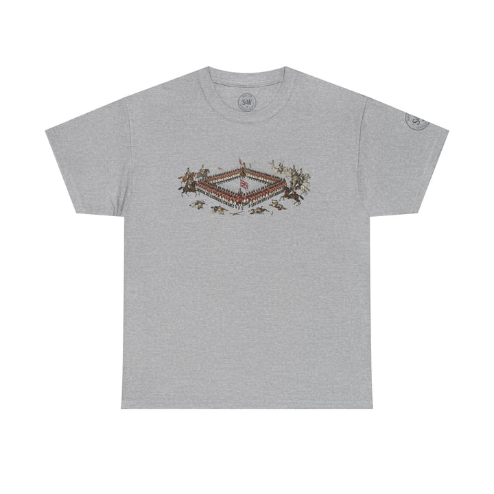 Gray t-shirt by S&amp;W Gallus, displaying a centered Waterloo battle scene graphic.