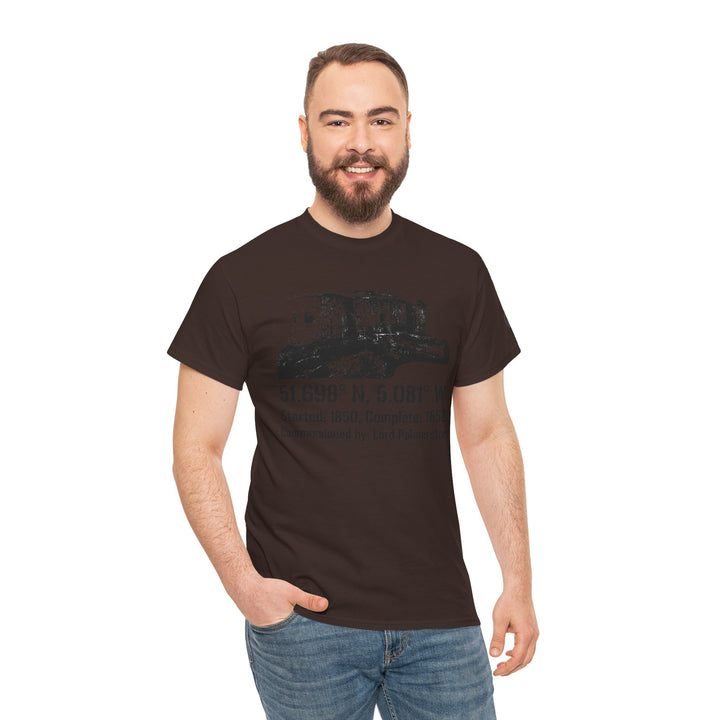 Brown t-shirt by S&amp;W Gallus, featuring a fort illustration and historical text, worn with jeans.