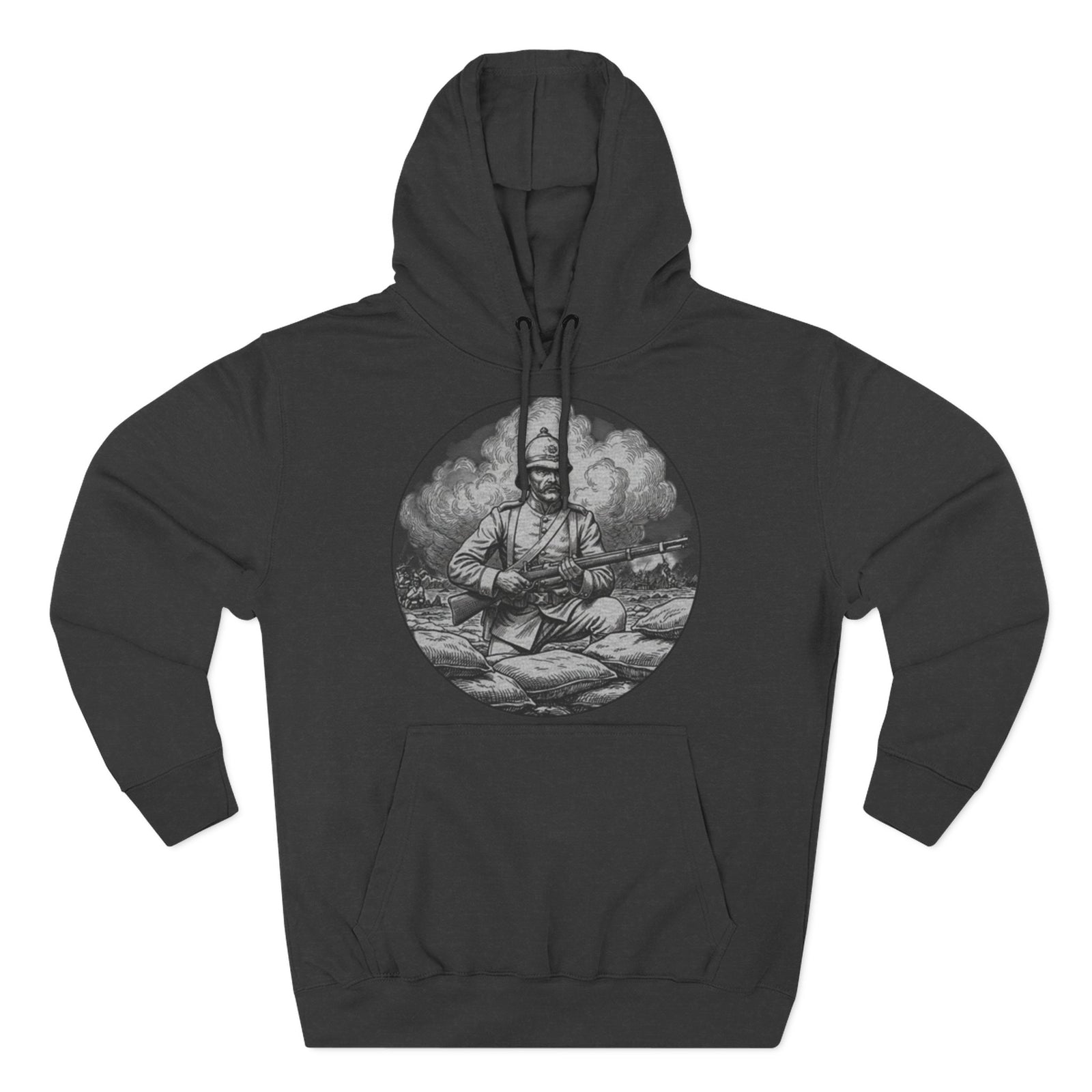 Gray hoodie by S&W Gallus with a circular vintage illustration of a soldier holding a rifle.