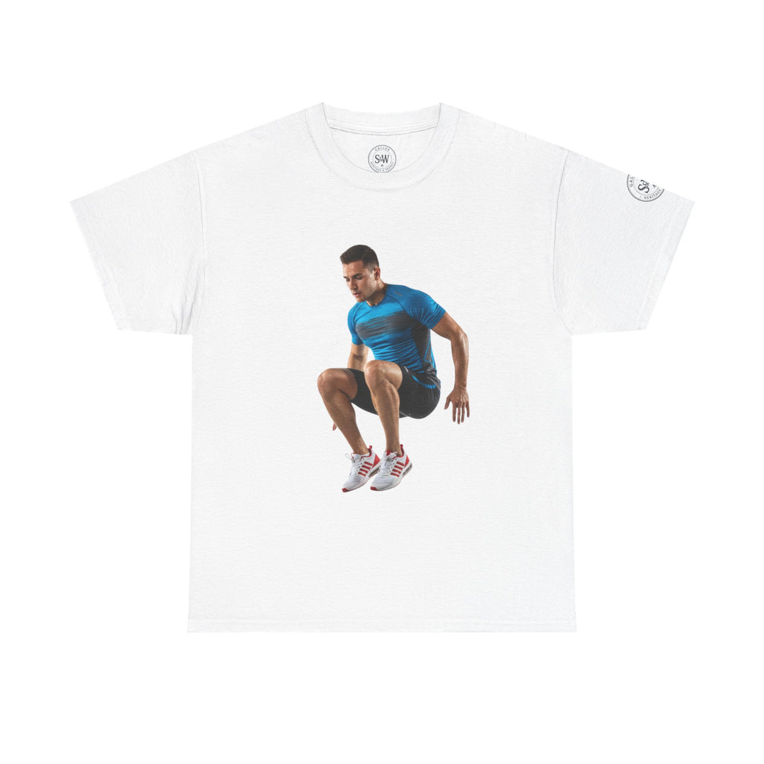 White t-shirt by S&amp;W Gallus, featuring an athlete jumping in the middle.