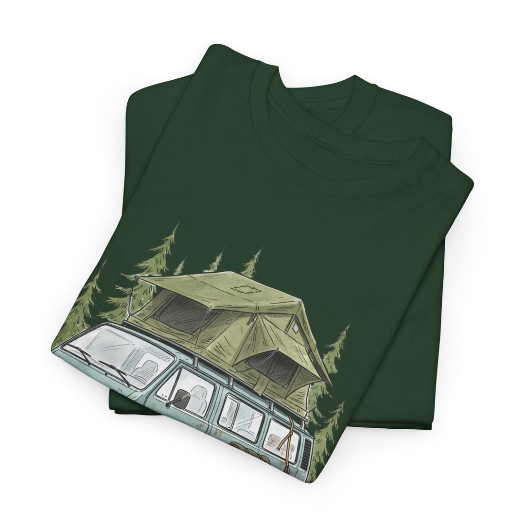 Van Life Adventure T-Shirt - Retro Camper Van &amp; Rooftop Tent Tee
