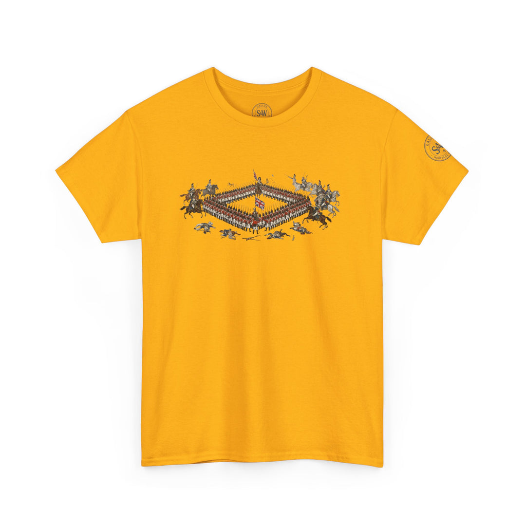 Gold t-shirt by S&amp;W Gallus, featuring an illustration of the Battle of Waterloo.