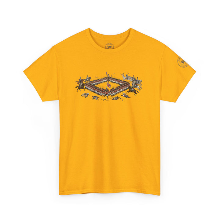 Gold t-shirt by S&amp;W Gallus, featuring an illustration of the Battle of Waterloo.