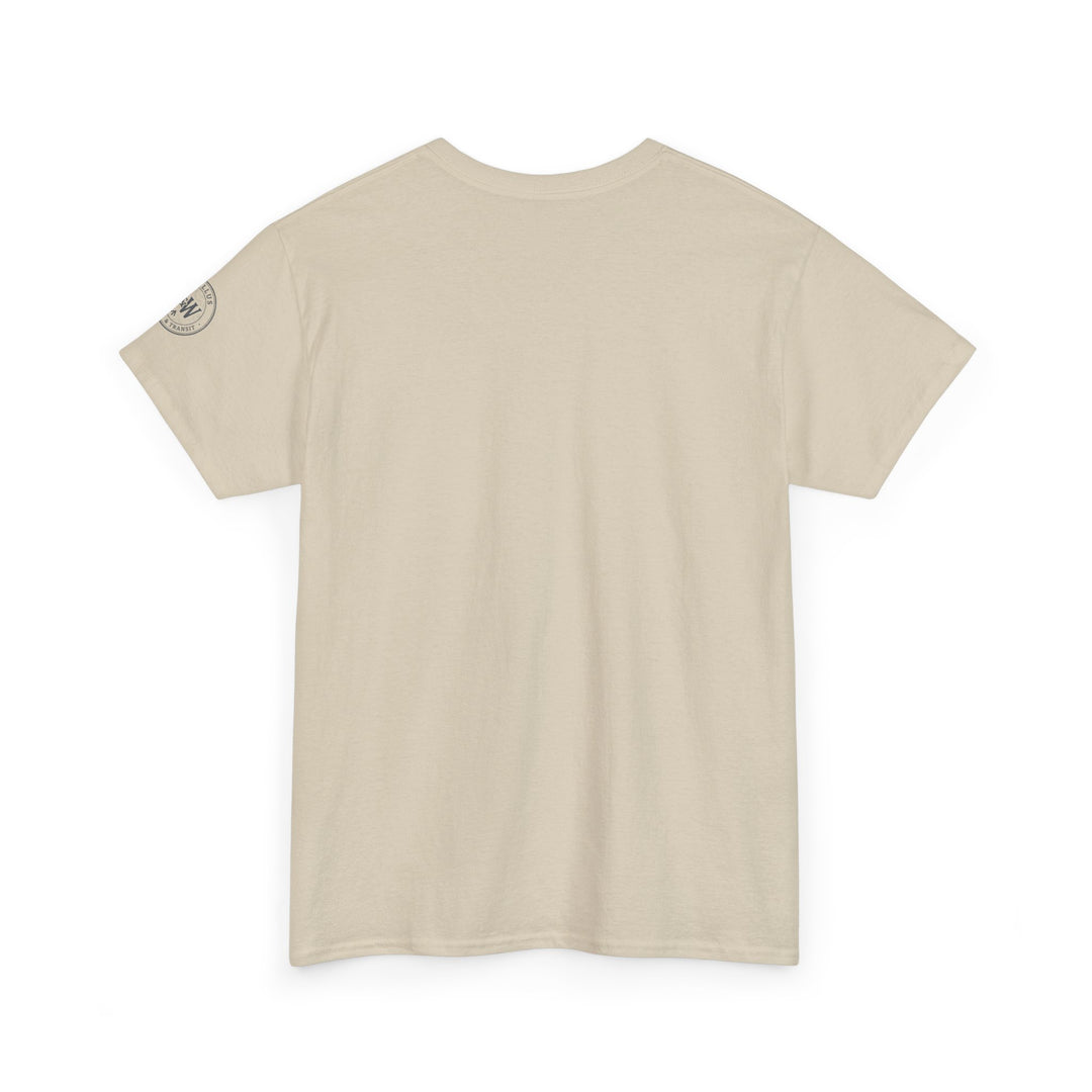 Sand-colored t-shirt by S&amp;W Gallus, featuring a logo graphic on the left sleeve, shown from the back.
