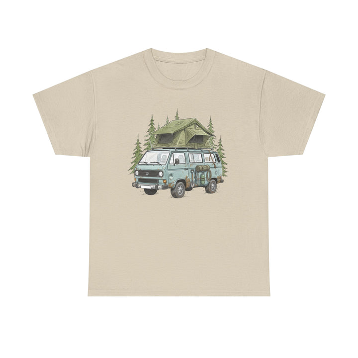 Van Life Adventure T-Shirt - Retro Camper Van &amp; Rooftop Tent Tee