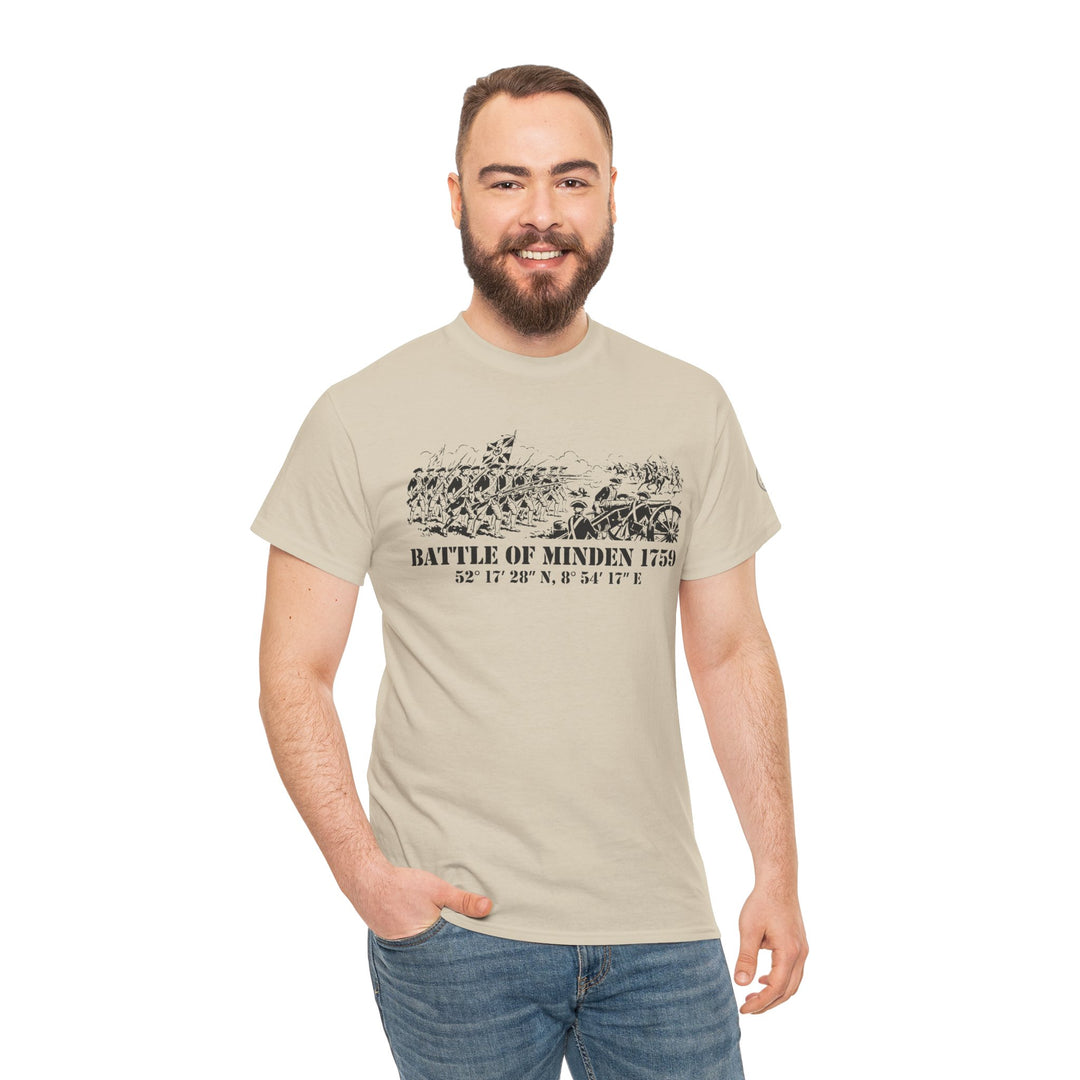 Beige t-shirt by S&amp;W Gallus, featuring a "Battle of Minden 1759" graphic, styled with jeans.