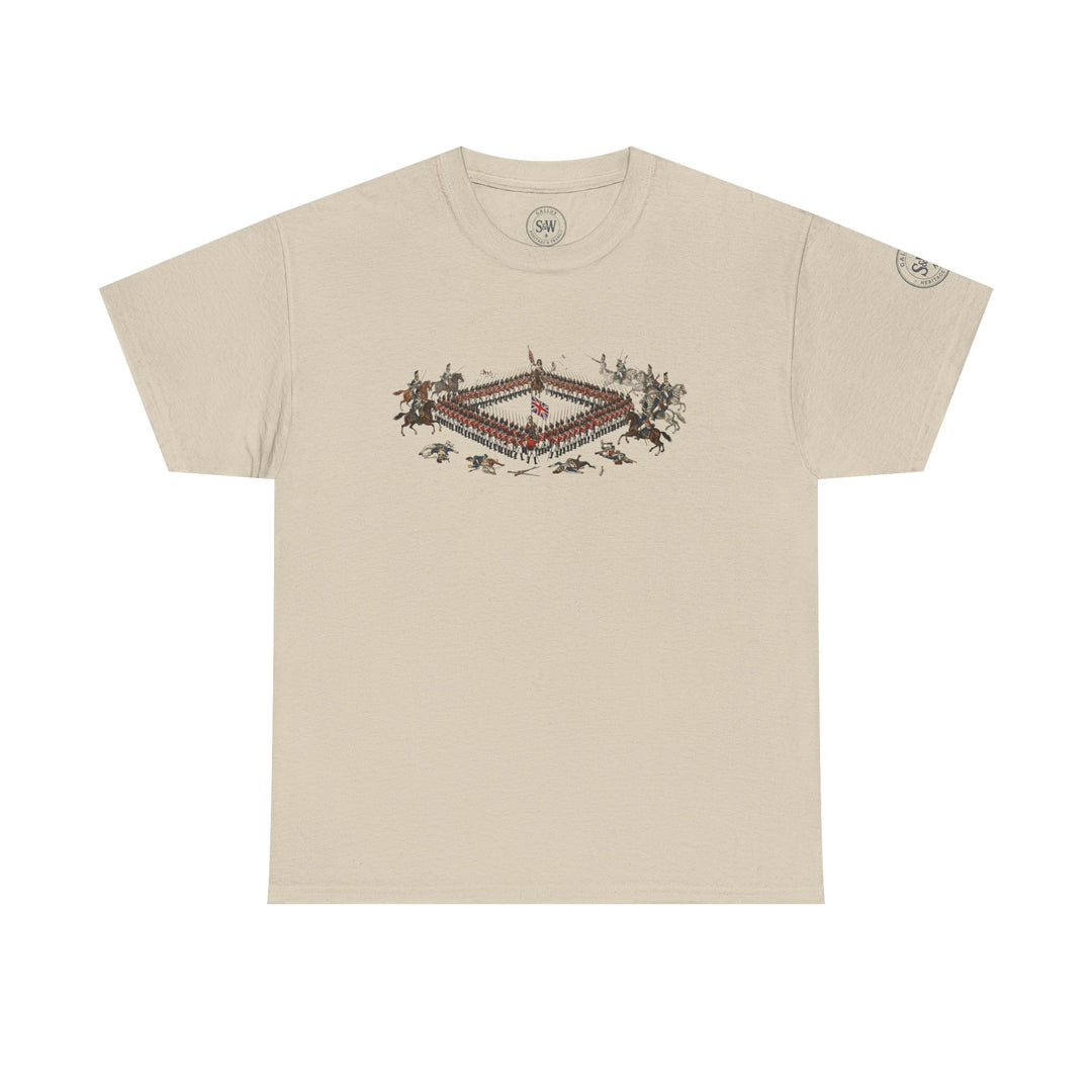 Beige t-shirt by S&amp;W Gallus featuring a square of red-coated soldiers surrounded by cavalry.