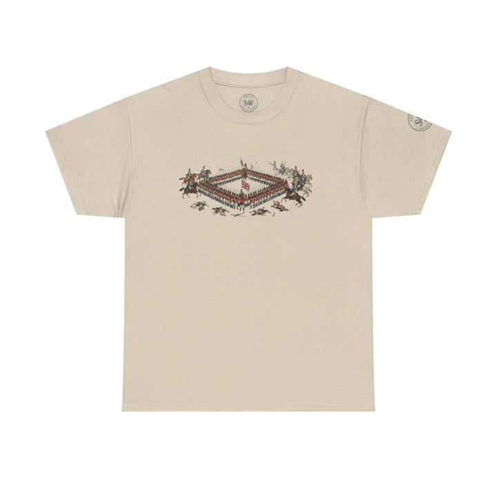 Beige t-shirt by S&amp;W Gallus featuring a square of red-coated soldiers surrounded by cavalry.