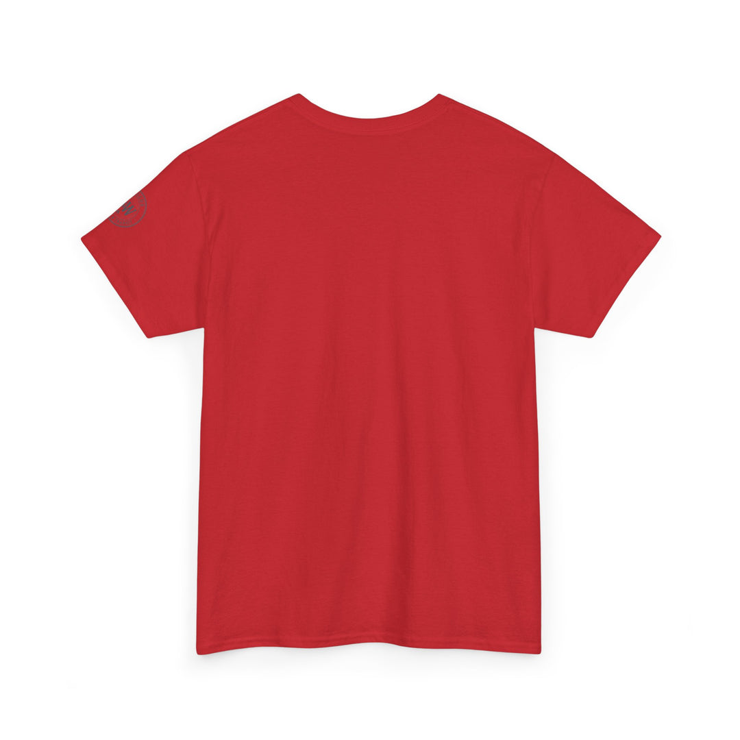 Red t-shirt by S&amp;W Gallus, displayed on a white surface and seen from the back.