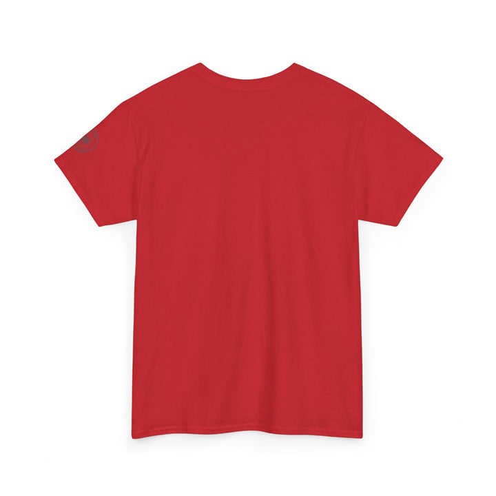 Red t-shirt by S&amp;W Gallus, displayed on a white surface and seen from the back.