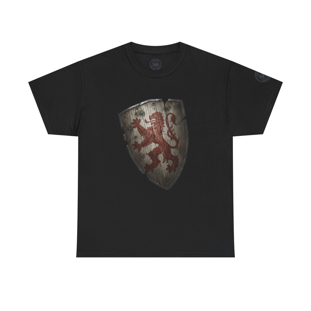 Black t-shirt by S&amp;W Gallus, featuring a heraldic shield graphic with a rampant lion.