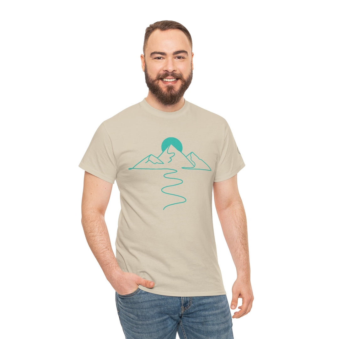 Beige graphic t-shirt from S&amp;W Gallus featuring a mountain range and sun icon on the front, paired with blue jeans.