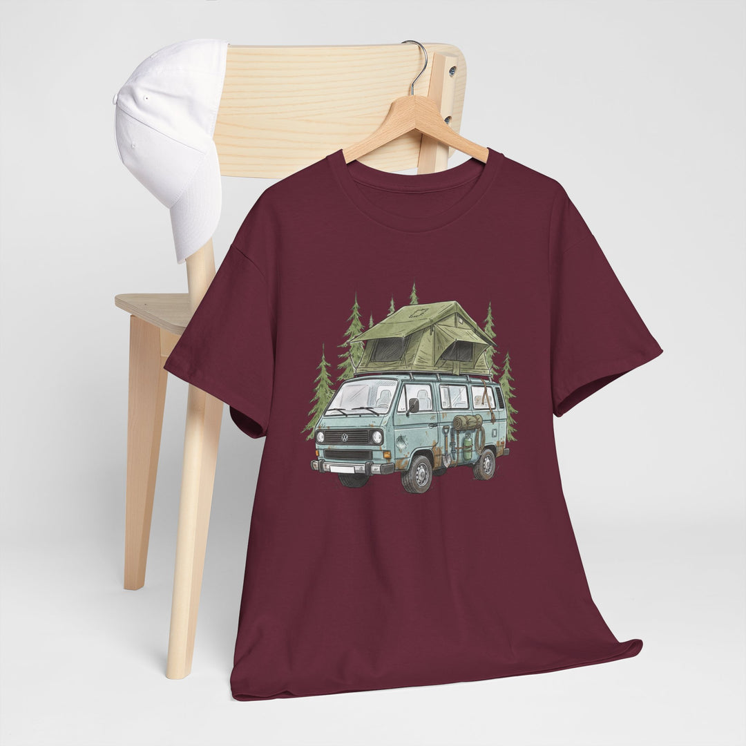 Van Life Adventure T-Shirt - Retro Camper Van &amp; Rooftop Tent Tee