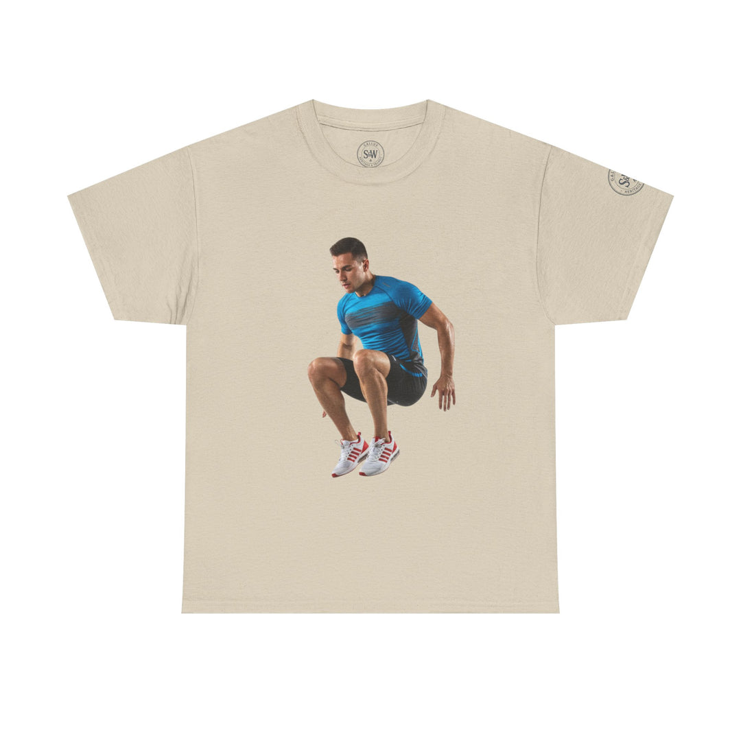 Beige t-shirt by S&amp;W Gallus with a centered image of a man jumping.