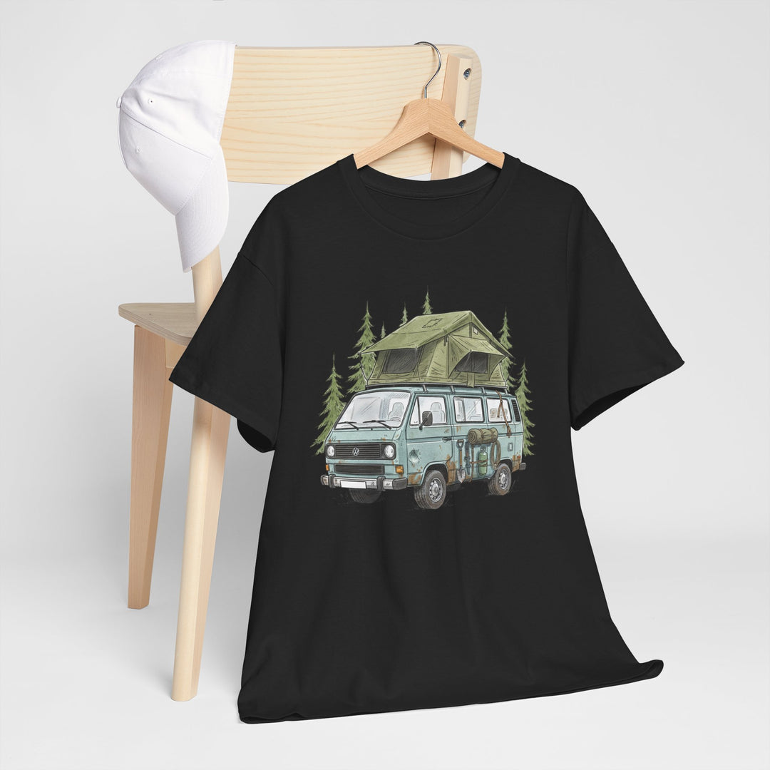 Van Life Adventure T-Shirt - Retro Camper Van &amp; Rooftop Tent Tee