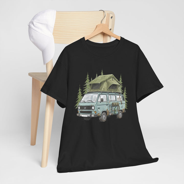 Van Life Adventure T-Shirt - Retro Camper Van &amp; Rooftop Tent Tee
