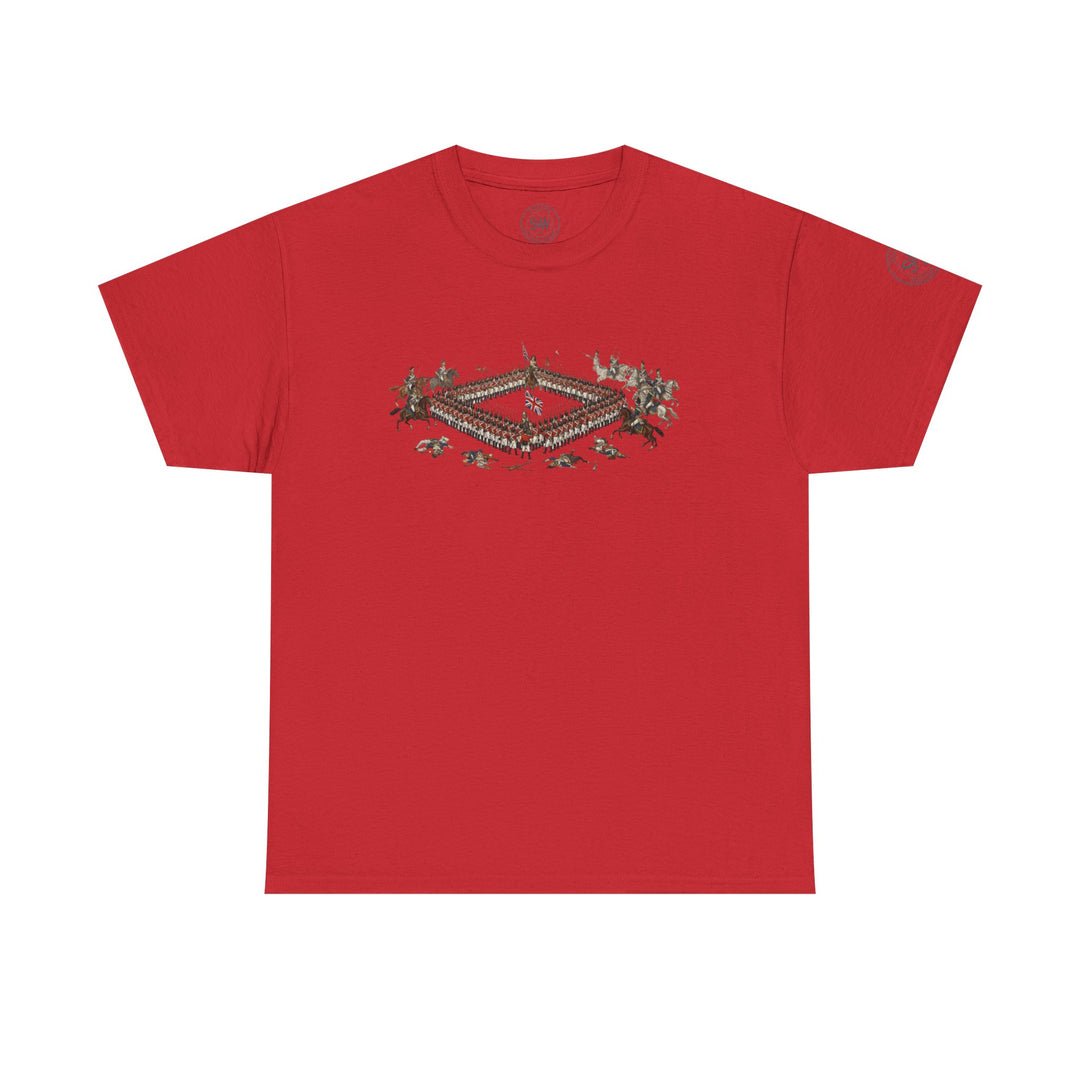 Red t-shirt by S&amp;W Gallus with a Waterloo Square image printed on the front and a small logo on the sleeve.