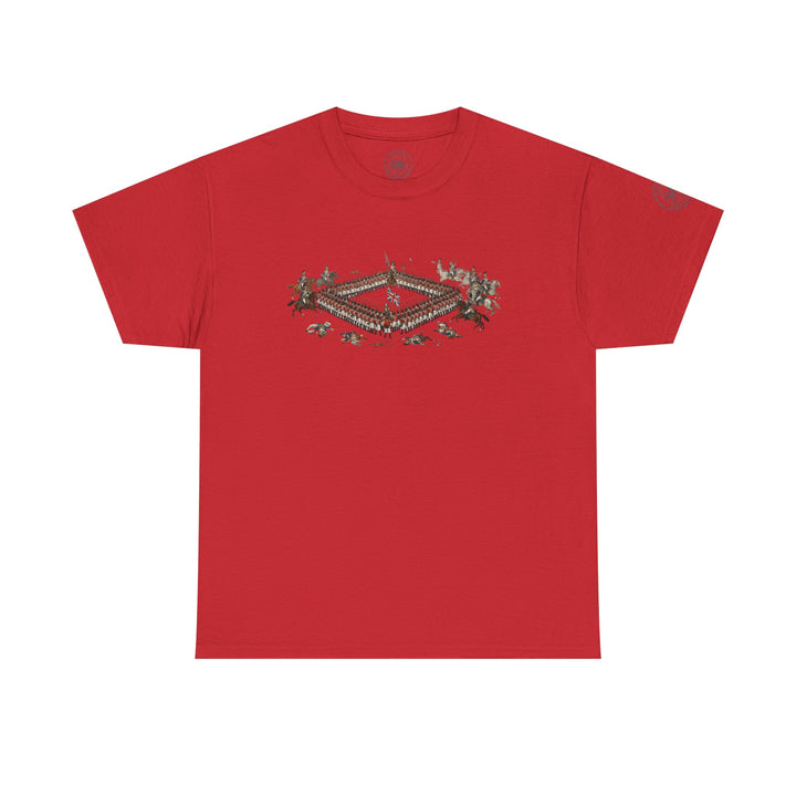 Red t-shirt by S&amp;W Gallus with a Waterloo Square image printed on the front and a small logo on the sleeve.