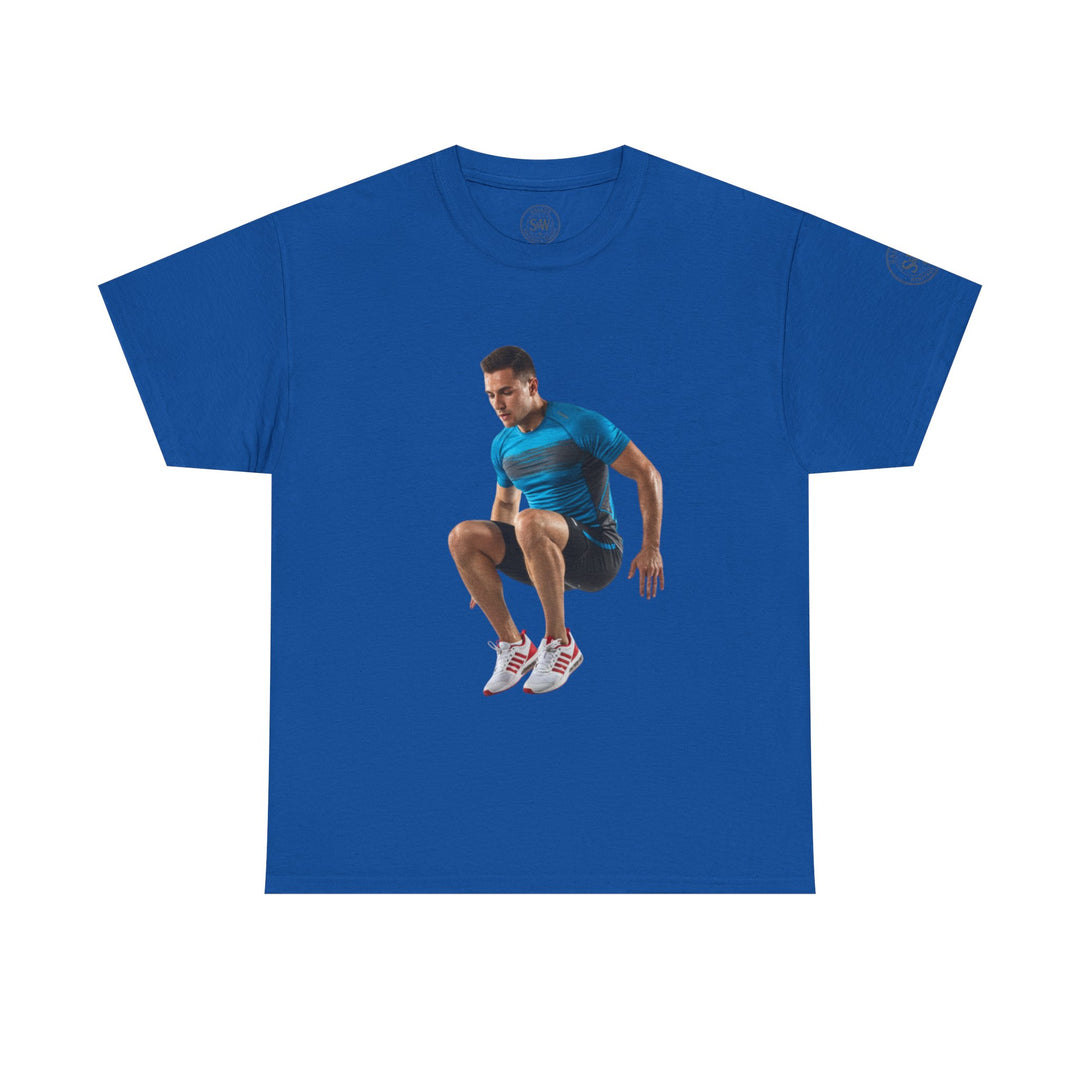 Blue T-shirt by S&amp;W Gallus displaying an athlete jumping in the center.