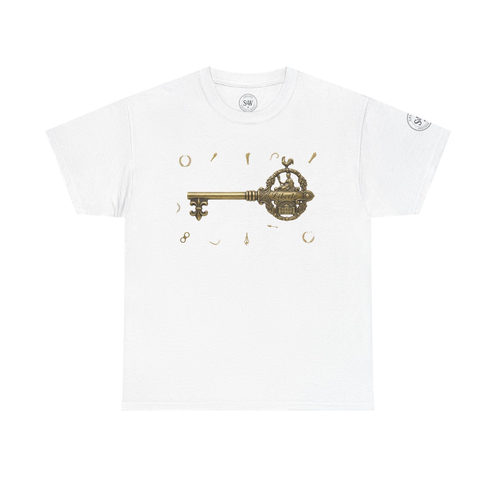 White Bastille Key T-shirt by S&W Gallus, featuring a graphic key design and brand details on the tag.
