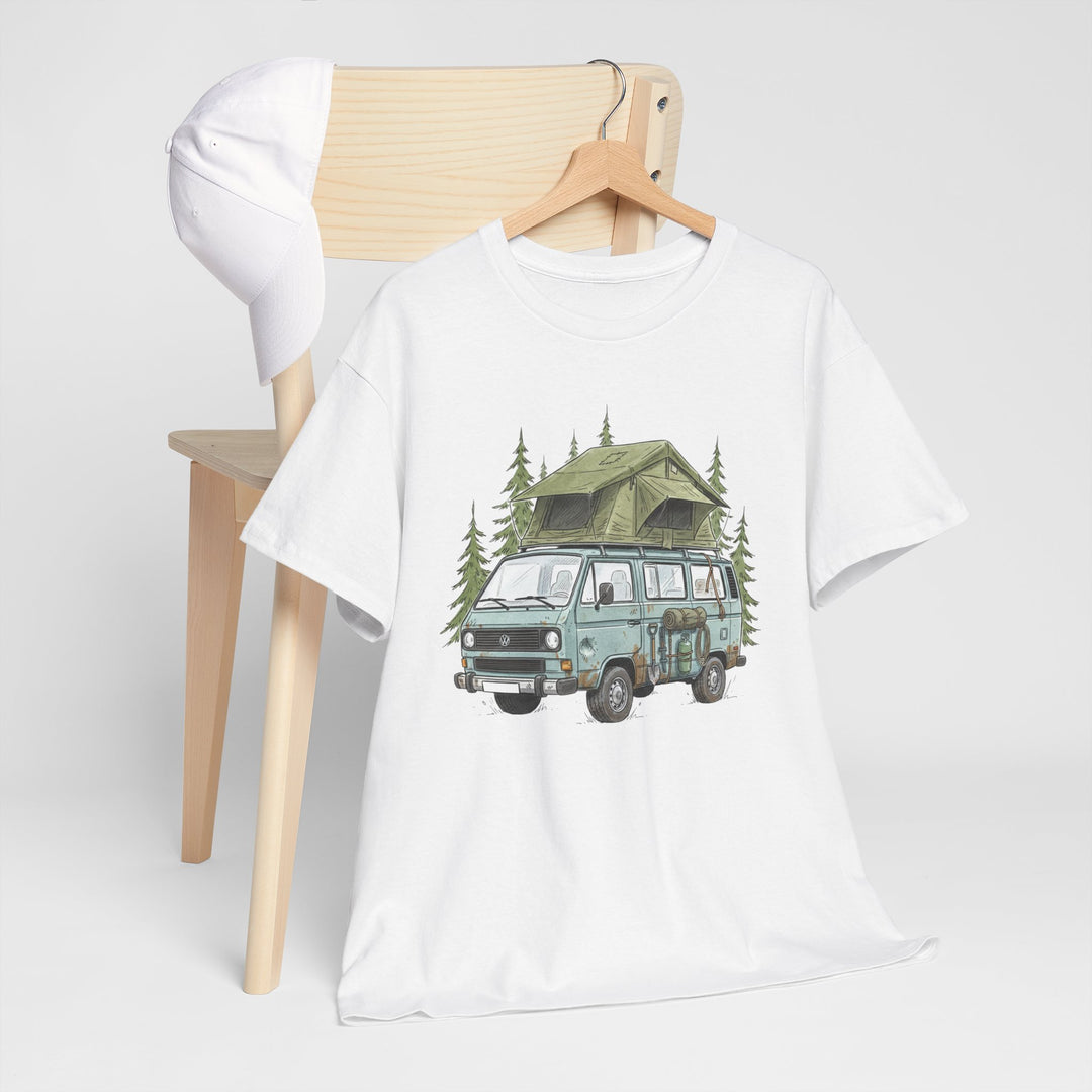 Van Life Adventure T-Shirt - Retro Camper Van &amp; Rooftop Tent Tee