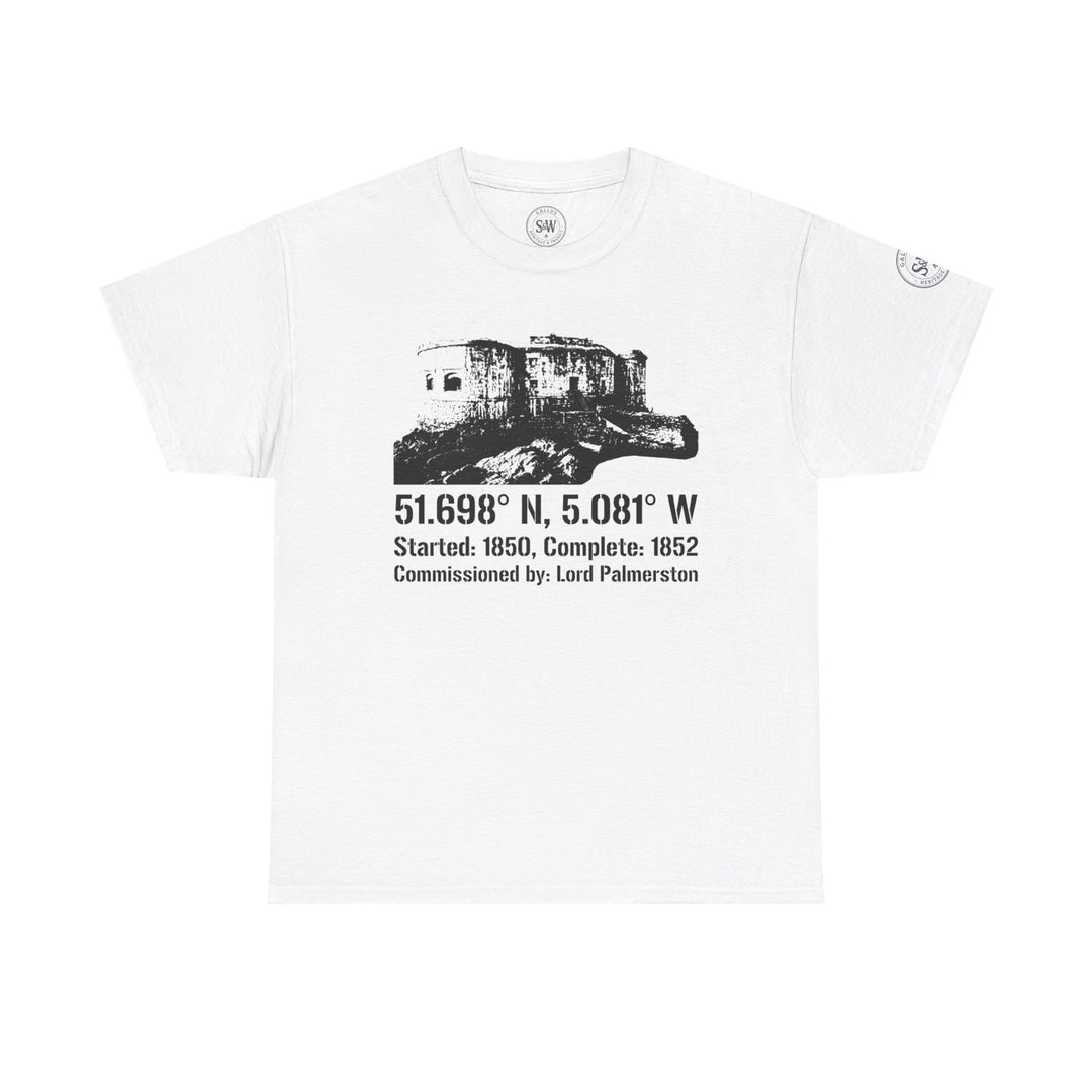 White t-shirt by S&amp;W Gallus, featuring a Stack Rock Fort graphic, latitude and longitude coordinates, and commissioning details.