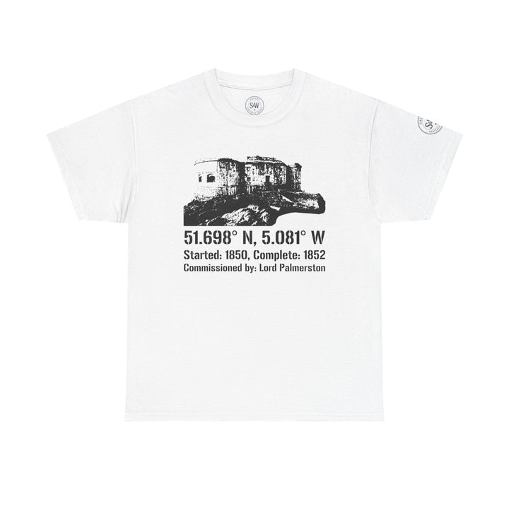 White t-shirt by S&amp;W Gallus, featuring a Stack Rock Fort graphic, latitude and longitude coordinates, and commissioning details.