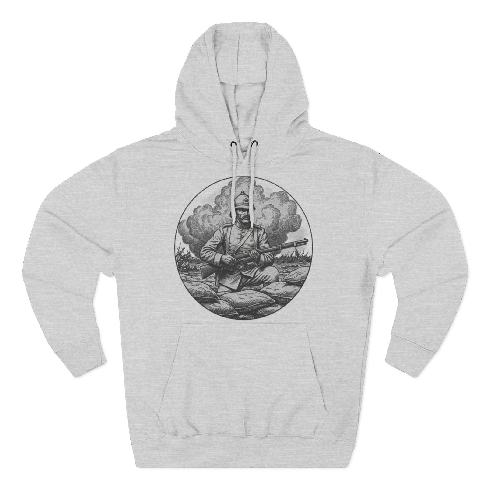 Gray hoodie from S&W Gallus featuring a soldier graphic in a circular frame against a gray background.
