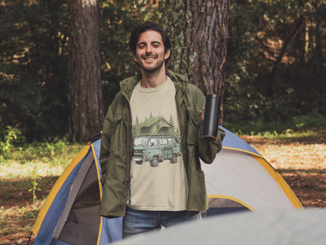 Van Life Adventure T-Shirt - Retro Camper Van &amp; Rooftop Tent Tee