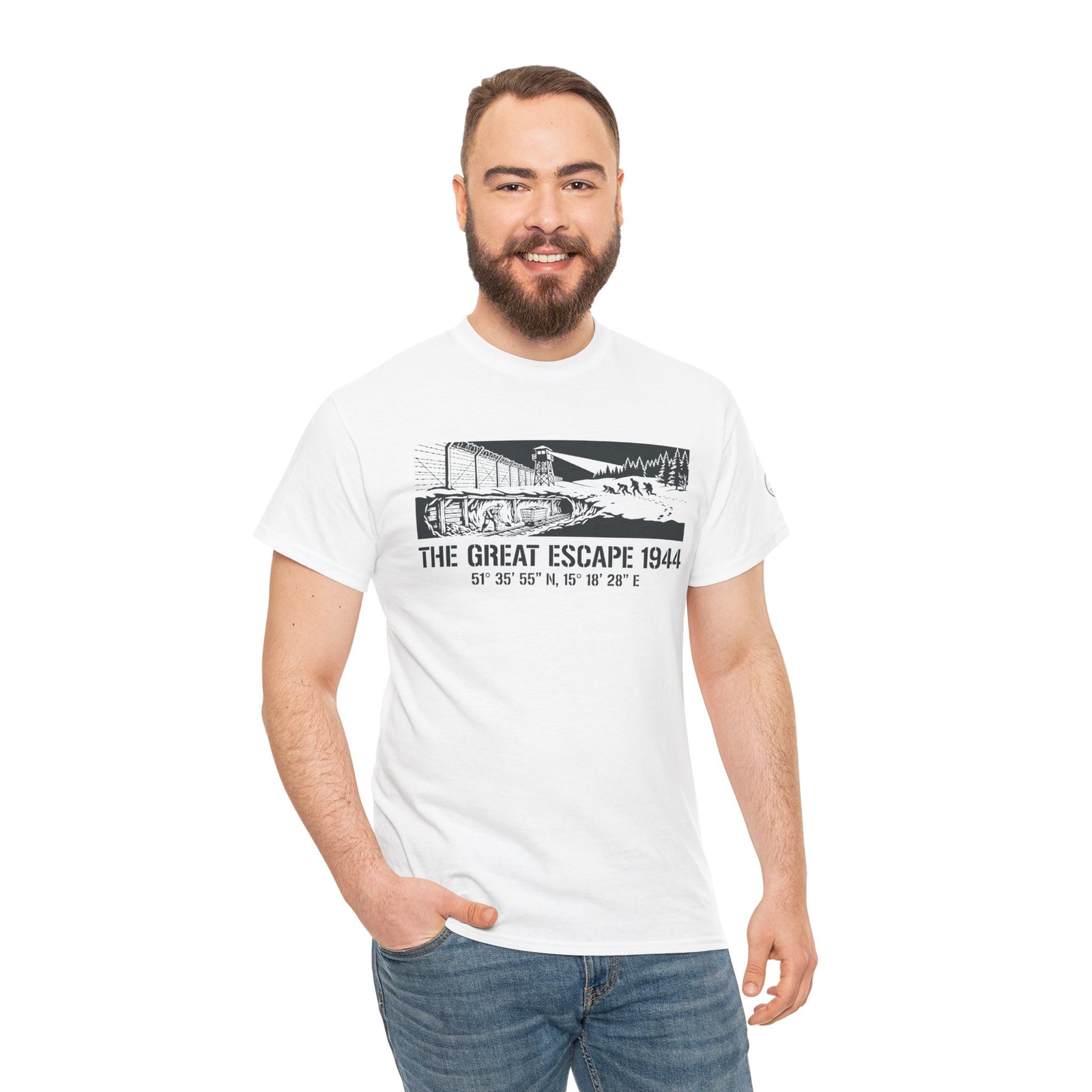 White graphic T-shirt by S&W Gallus featuring "The Great Escape 1944" print, worn with jeans.