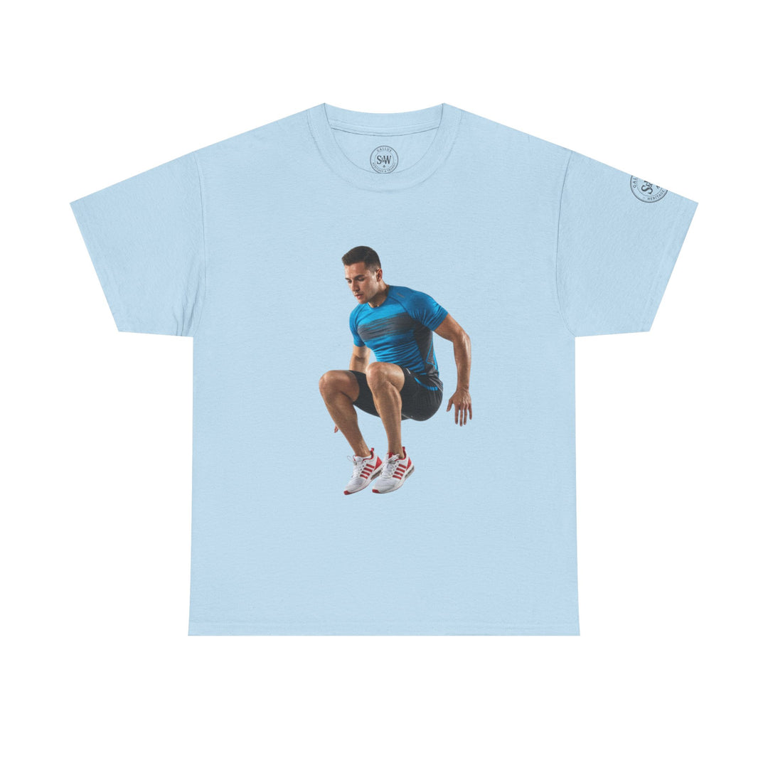 Light blue T-shirt by S&amp;W Gallus, featuring an athlete performing a jumping circuit.