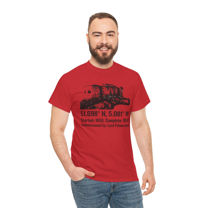 Red t-shirt by S&amp;W Gallus featuring a fort graphic and location coordinates, worn with jeans.
