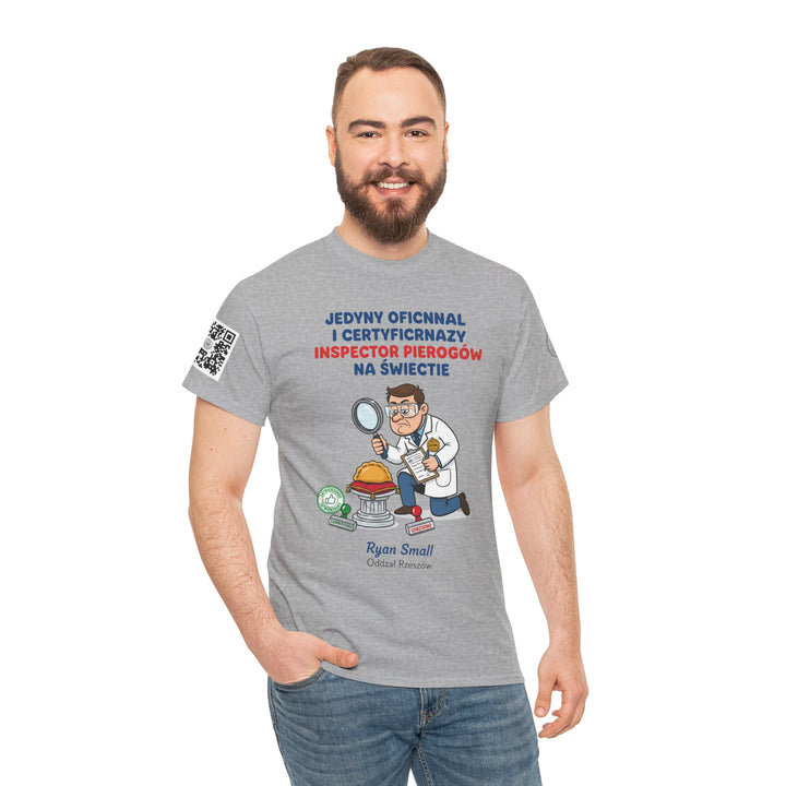 Gray t-shirt with pierogi inspector graphic by S&amp;W Gallus, featuring a smiling man wearing jeans.