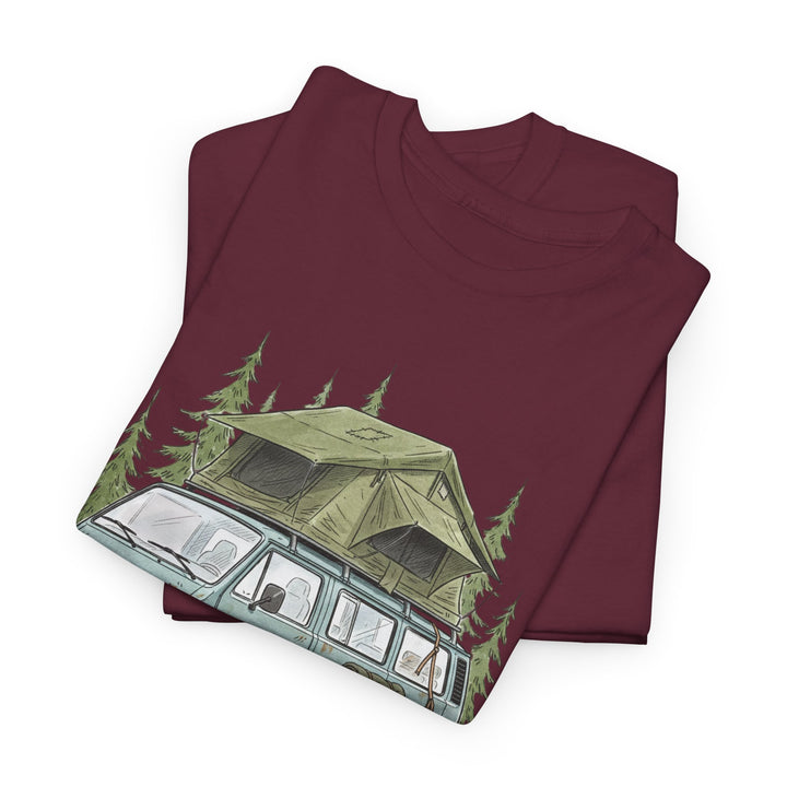 Van Life Adventure T-Shirt - Retro Camper Van &amp; Rooftop Tent Tee