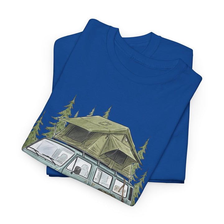 Van Life Adventure T-Shirt - Retro Camper Van &amp; Rooftop Tent Tee