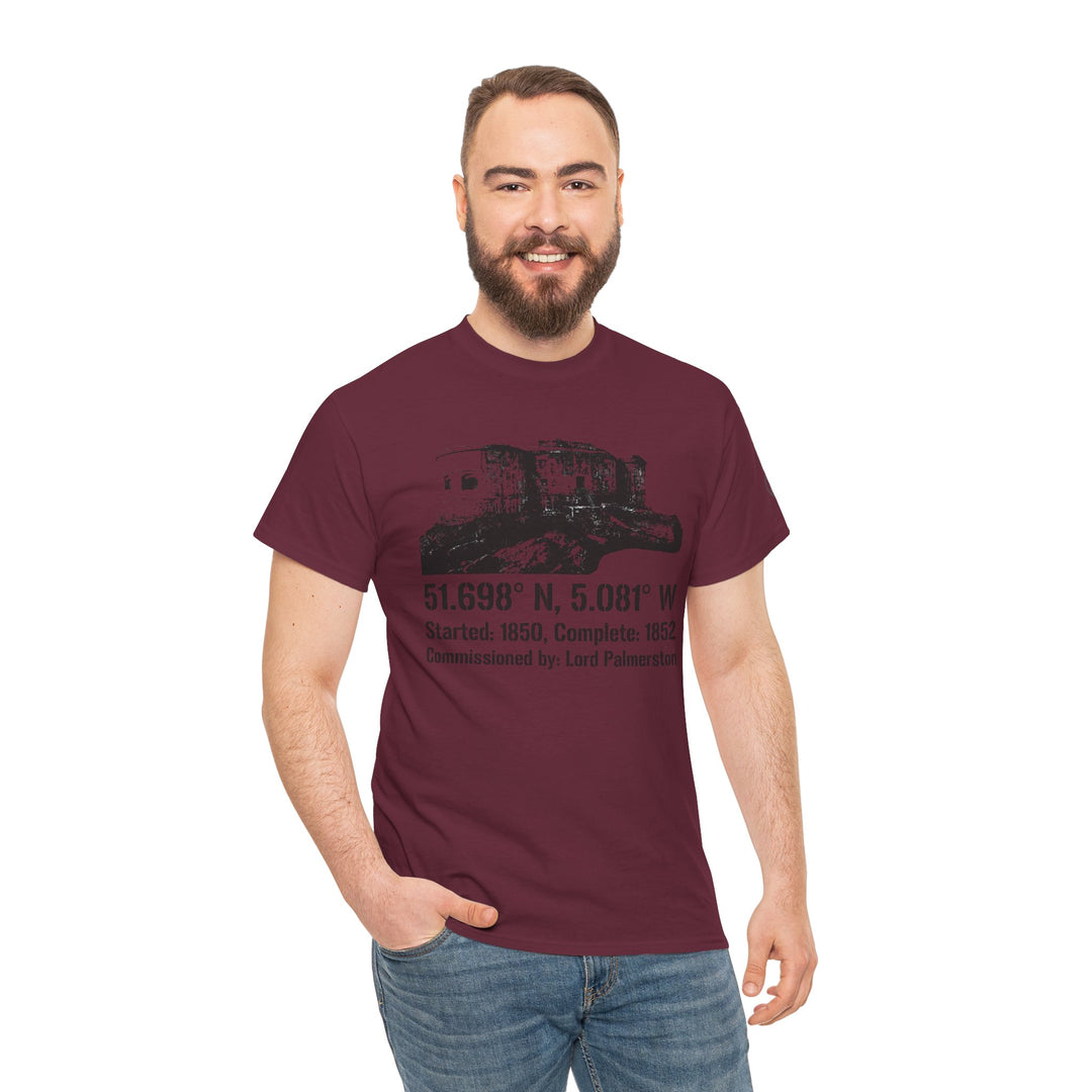 Maroon t-shirt with a graphic of Stack Rock Fort by S&amp;W Gallus, worn with blue jeans.
