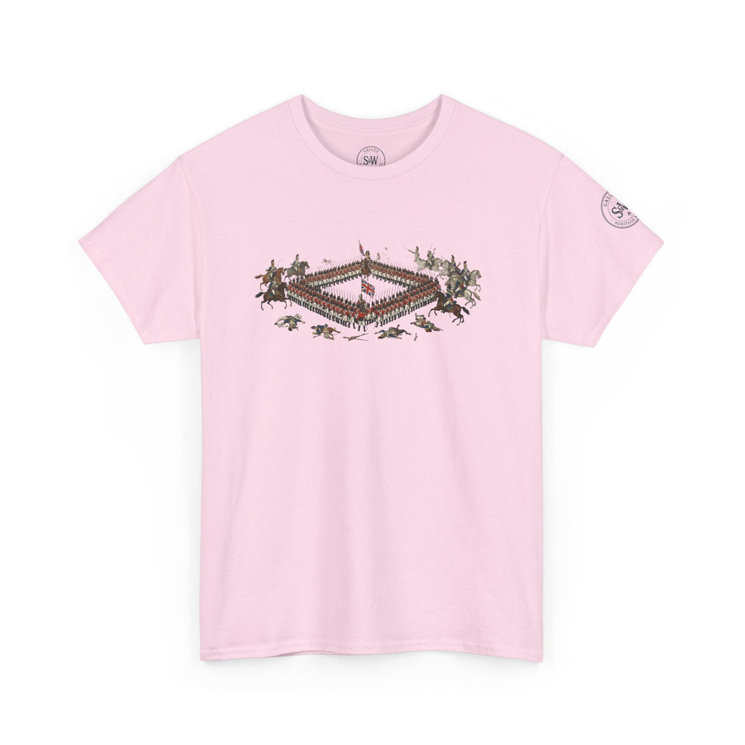Pink t-shirt by S&amp;W Gallus, featuring a square illustration of a historical battle with soldiers and horses.
