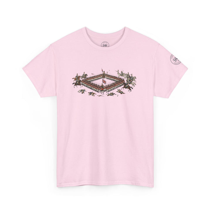 Pink t-shirt by S&amp;W Gallus, featuring a square illustration of a historical battle with soldiers and horses.
