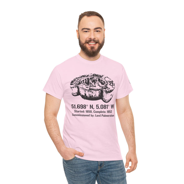 Pink t-shirt by S&amp;W Gallus featuring a black Stack Rock Fort graphic and the fort&