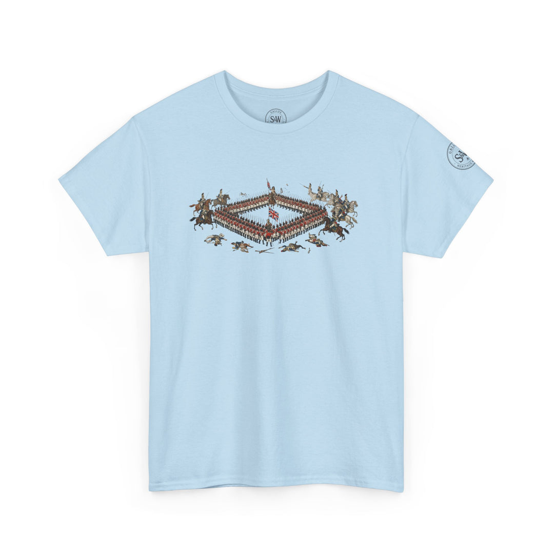 Light blue t-shirt by S&amp;W Gallus, featuring a square military formation print on the front.