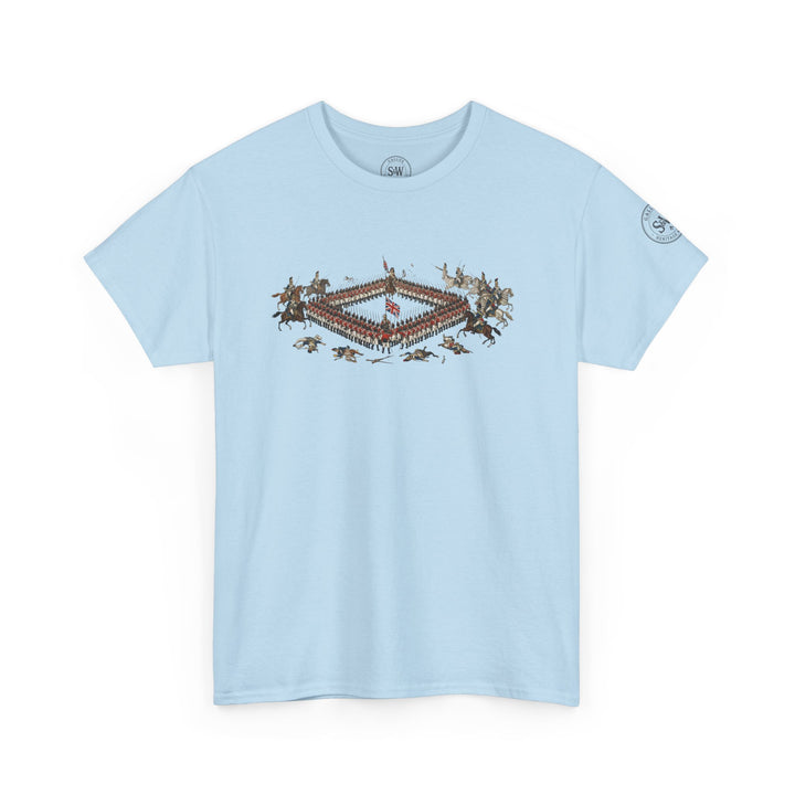 Light blue t-shirt by S&amp;W Gallus, featuring a square military formation print on the front.