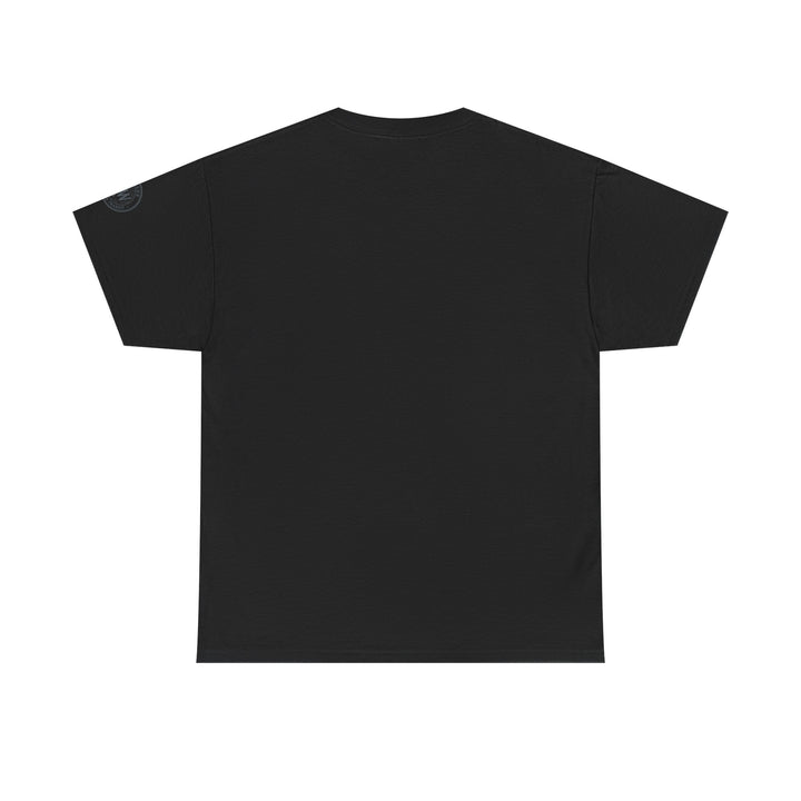 Black t-shirt by S&amp;W Gallus with short sleeves, laying flat.