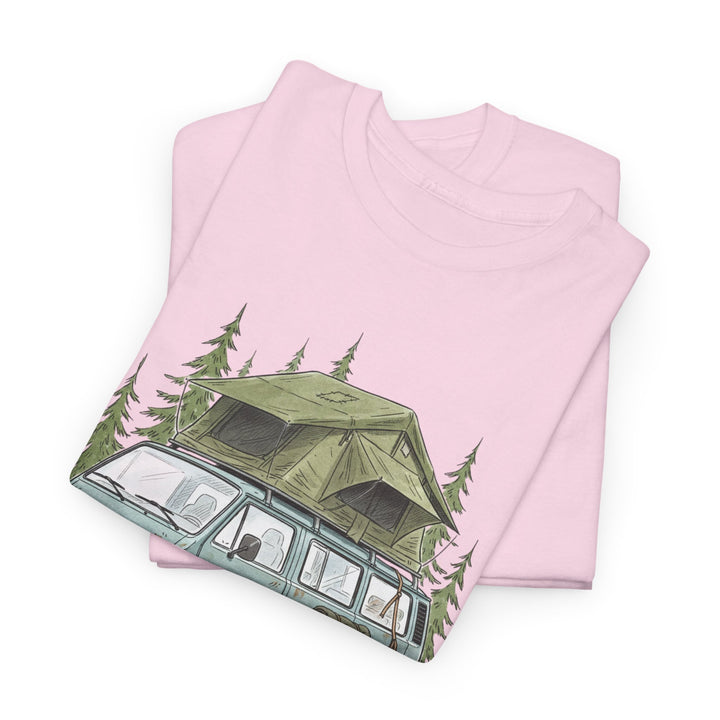 Van Life Adventure T-Shirt - Retro Camper Van &amp; Rooftop Tent Tee