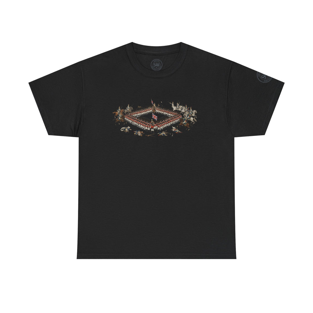 Black t-shirt by S&amp;W Gallus, featuring a historical battle illustration on the chest.